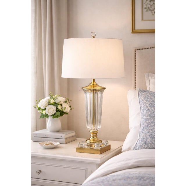 1980s Tall Neoclassical Fluted Crystal Table Lamp With Brass Base – Estate of Linda W., Springville Ca For Sale - Image 9 of 12