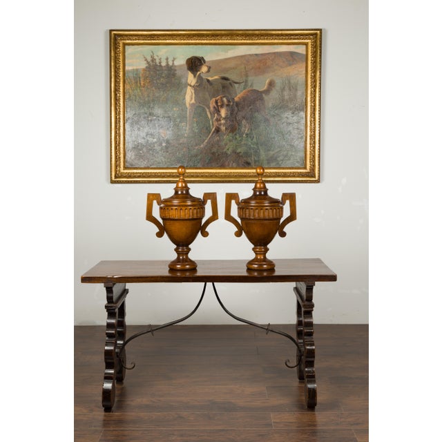 Pair of Midcentury English Carved Walnut Lidded Urns with Large Handles For Sale - Image 4 of 11
