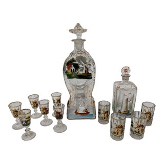 12 Pc, Polychrome Enamel-Painted Glass Liqueur Service, Continental C. 1920 For Sale