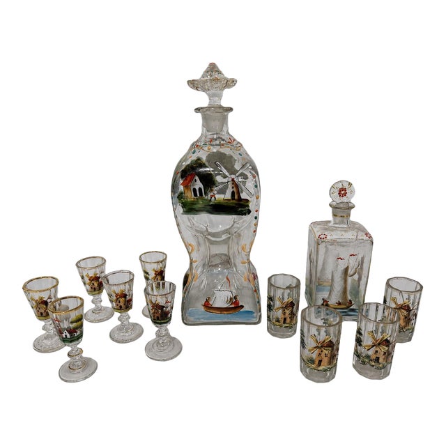 12 Pc, Polychrome Enamel-Painted Glass Liqueur Service, Continental C. 1920 For Sale