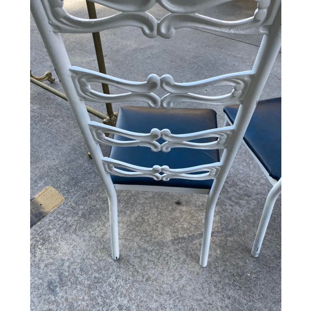 Italian Pair of 1970s Italian Style White Metal Chairs With Navy Blue Leather Cushions For Sale - Image 3 of 8