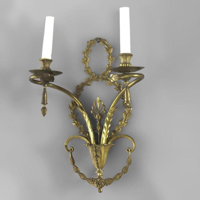 Metal Pair of French Louis XV Laurel Wreath Bronze Double Candle Electric Wall Sconces C1900 For Sale - Image 7 of 12
