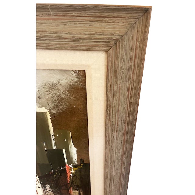Mid-century abstract cityscape. Original painting in new driftwood-style frame with linen liner. Excellent condition. No...