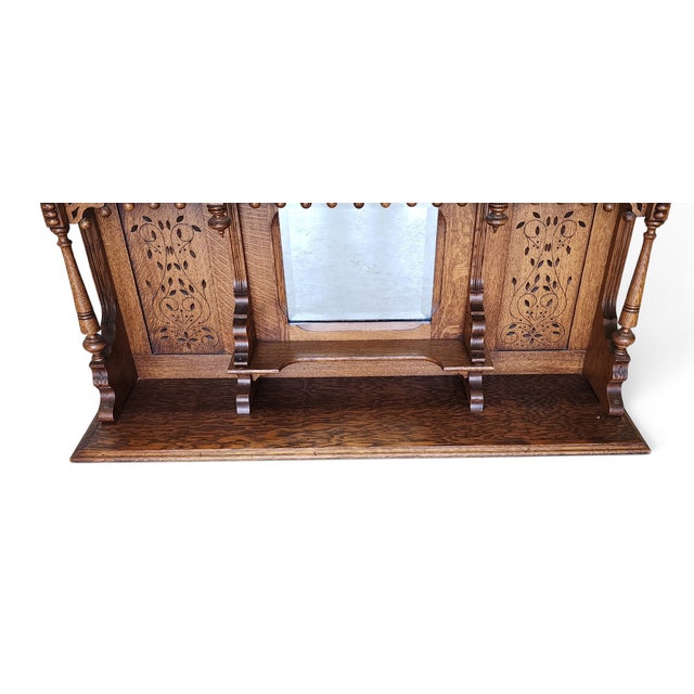 Antique Victorian Revival Quartered Oak Stick & Ball Hanging Shelf, 1890 For Sale - Image 9 of 11