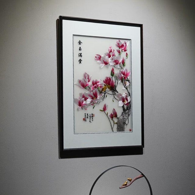 Art Deco Handmade Suzhou Embroidery “Golden Abundance” Magnolia Blossom Artwork – Luxury Silk Embroidered Decorative Wall Art For Sale - Image 3 of 10