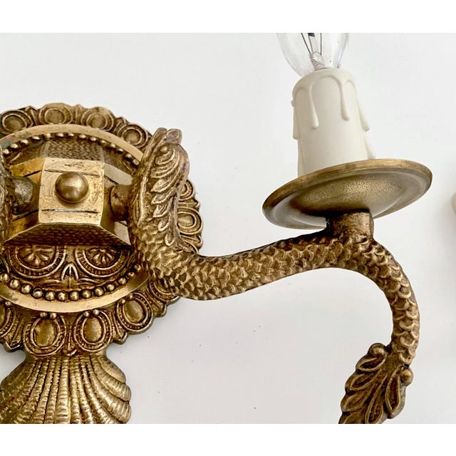 Pair Neoclassic Dolphin Shell Brass Wall Sconces For Sale - Image 9 of 13