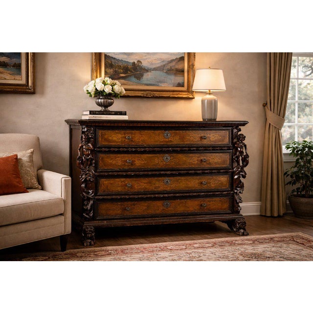Bergamo Chest of 4 Drawers with Winged Caryatids, Early 17th Century For Sale - Image 5 of 9