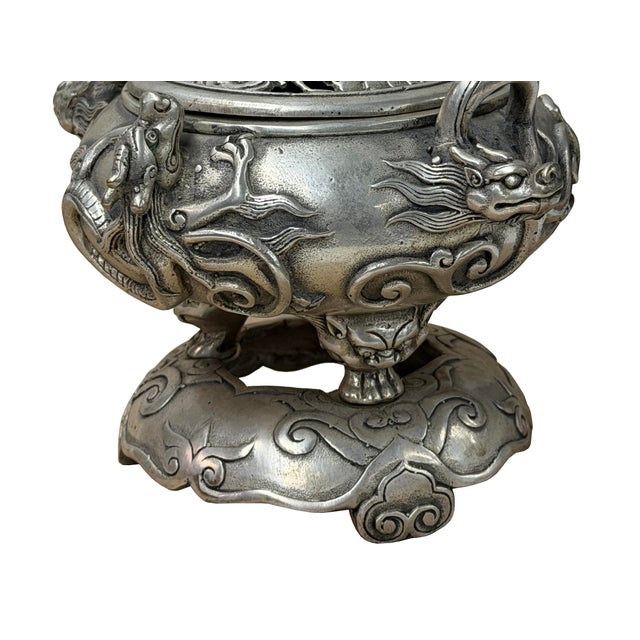 Chinese Silver Color Round Dragon Theme Incense Burner Display Art For Sale - Image 10 of 18