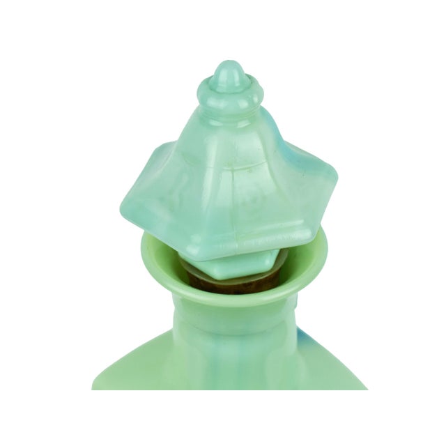 Mid 20th Century Jadeite Green Slag Glass Decanter With Pagoda Stopper and Embossed Floral Design For Sale - Image 4 of 8