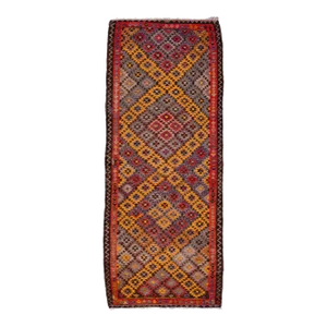 Vintage Kilim Handmade Flatweave Red Geometric Wool Runner 3' 7'' X 9' 2''