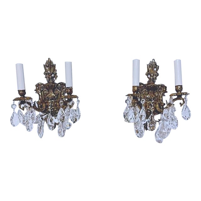 Pair of 1920s Bronze Double Arm Sconces With Crystals Prisms For Sale