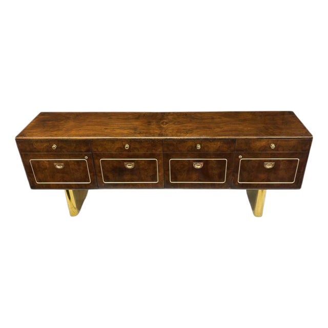 1970s Romweber Burled Wood Gold Accent Credenza With Filing Drawers For Sale