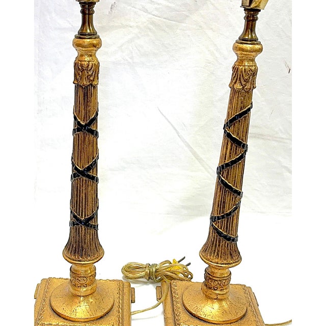 Plastic Vintage Hollywood Regency Style Gold Leaf Column Candlestick Lamps- A Pair For Sale - Image 7 of 18
