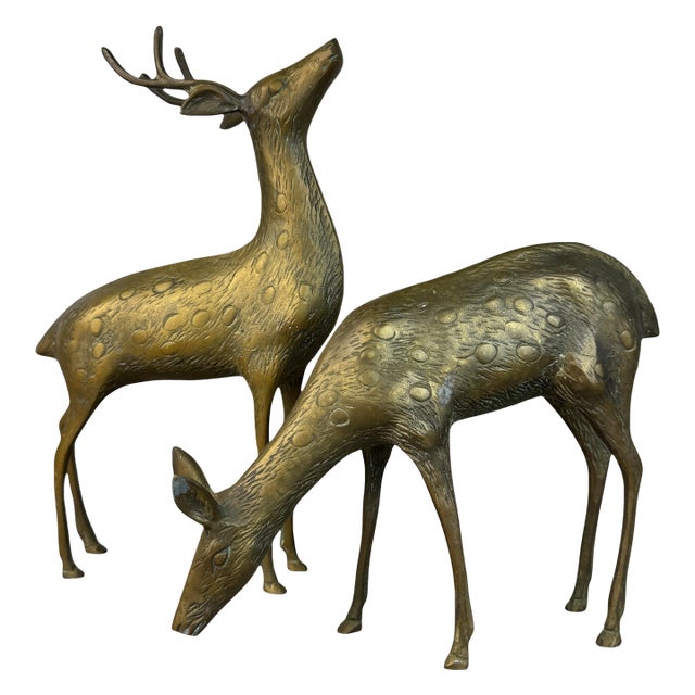 Set of 2 Mid Century Brass Deer Figurines, Buck & Doe For Sale