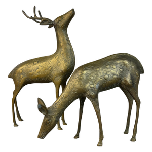 Set of 2 Mid Century Brass Deer Figurines, Buck & Doe