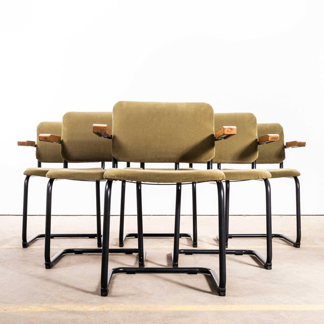 Vintage Cantilever Peninsular Blue Frame Dining Chairs with Sage Green Upholstery, 1970s, Set of 7 For Sale - Image 10 of 13