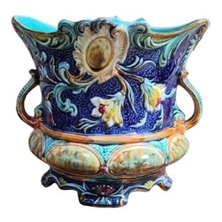 19th Century Majolica Flowers Cache Pot Wasmuel For Sale