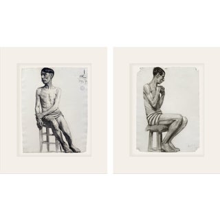 Set of Early 1900's Antique French Academic Drawings of Gentleman in Swim Trunks, Charcoal on Paper With Mat, Dated 1917 For Sale