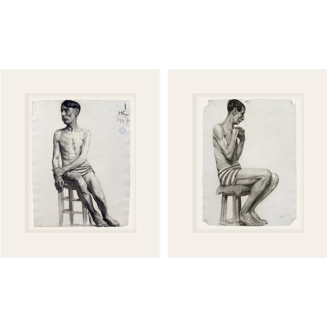 Set of Early 1900's Antique French Academic Drawings of Gentleman in Swim Trunks, Charcoal on Paper With Mat, Dated 1917 For Sale