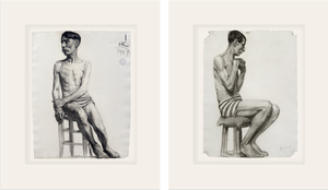 Set of Early 1900's Antique French Academic Drawings of Gentleman in Swim Trunks, Charcoal on Paper With Mat, Dated 1917