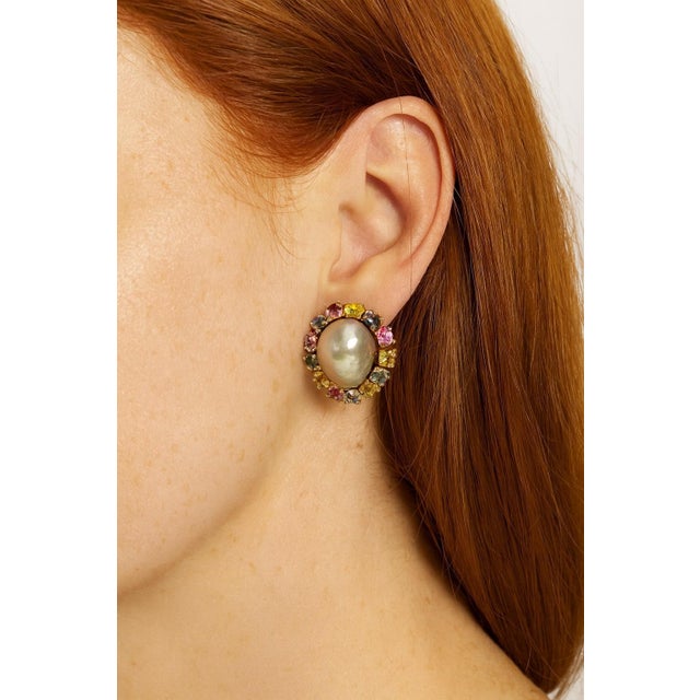 Bochic "Orient" Vintage Pearl & Multi Fancy Sapphire Earrings Set 18K Gold&Silver For Sale - Image 14 of 18