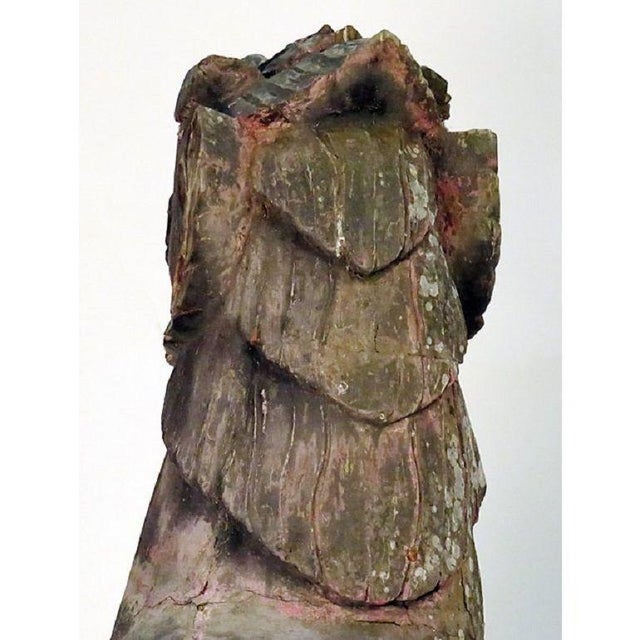 Wood Pair of Wood Palace Lions, Southeast Asia, Weathered With Mica Eyes For Sale - Image 7 of 7