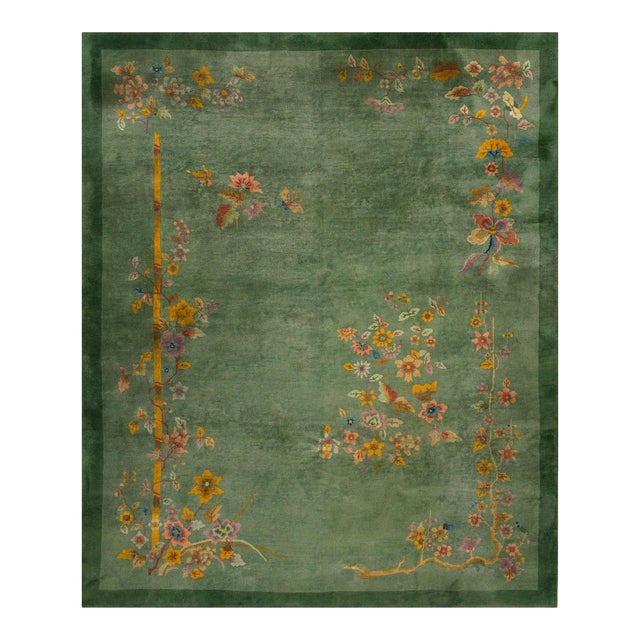 1920s Green Floral Antique Chinese Art Deco Rug 7' 10'' X 9' 7 Handknotted Wool Carpet For Sale