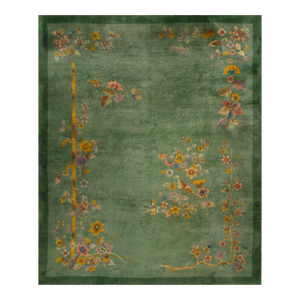 1920s Green Floral Antique Chinese Art Deco Rug 7' 10'' X 9' 7 Handknotted Wool Carpet