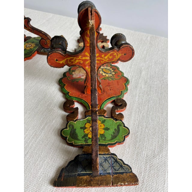 Antique European Hand Painted Wood Folk Art Candle Sconces- a Pair For Sale - Image 16 of 17