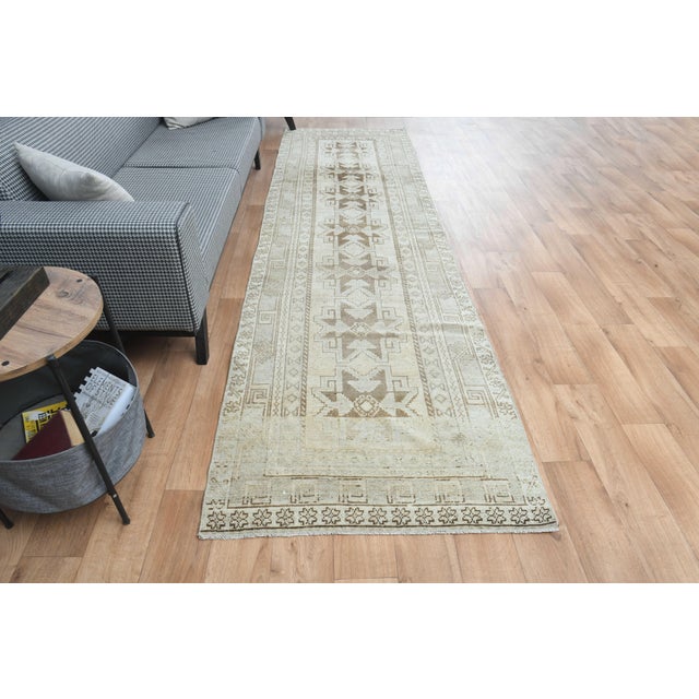 1970s Vintage Handmade Wool Cotton Beige Runner Rug For Sale - Image 4 of 11