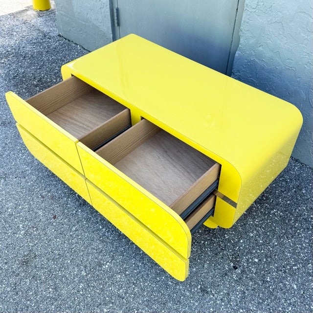 Postmodern Postmodern Yellow Gloss Laminate Waterfall Chest of Drawers With Gold Accents For Sale - Image 3 of 6