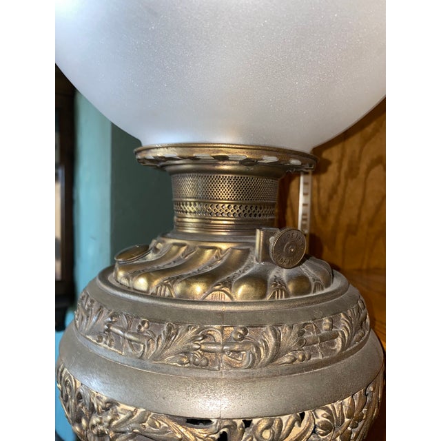 1940s 1940s French Victorian Electrified Oil Lamp With Etched Hand Blown Globe and Clear Chimney With Brass Base For Sale - Image 5 of 9