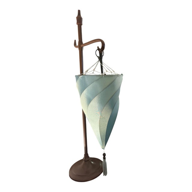 Beautiful silk shade hanging lamp. Iron bases. Two are available.