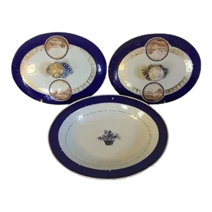 1810 Antique Chinese Export Porcelain Entree Serving Dish Painted with Sepia Landscapes - 3 Pieces