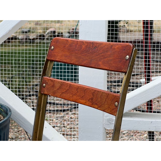 Restored 1900s Antique Child's School Chair Gold Painted Metal With Red Mahogany Colored Stained Wood Seat & Back Wooden Kindergarten Chair For Sale - Image 4 of 18
