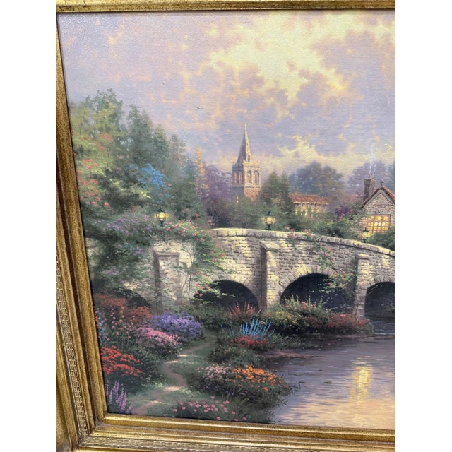 English 1980s Thomas Kinkade - Cobblestone Brooke S/P 34x 44 Canvas Framed For Sale - Image 3 of 7