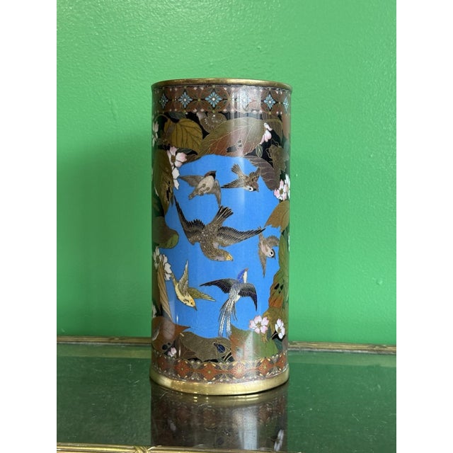 Meiji Period Japanese Cloisonne Enamel Vase With Birds Butterflies and Insects For Sale - Image 15 of 18