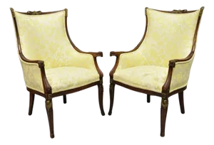 Vintage French Hollywood Regency Carved Mahogany Parlor Lounge Chairs - A Pair
