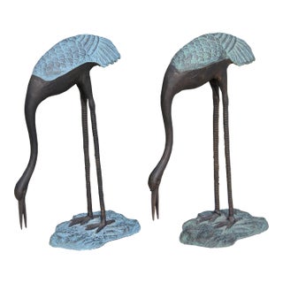 Vintage Hollywood Regency Verdigris Cast Metal Garden Crane Sculptures – Pair For Sale