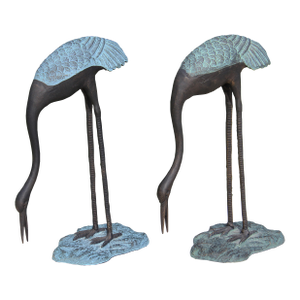Vintage Hollywood Regency Verdigris Cast Metal Garden Crane Sculptures – Pair
