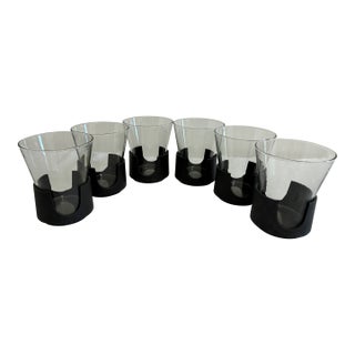 Mid 20th Century Mid-Century Corning Glass Smoke Glass Tumblers With Black Bases - Set of 6 For Sale