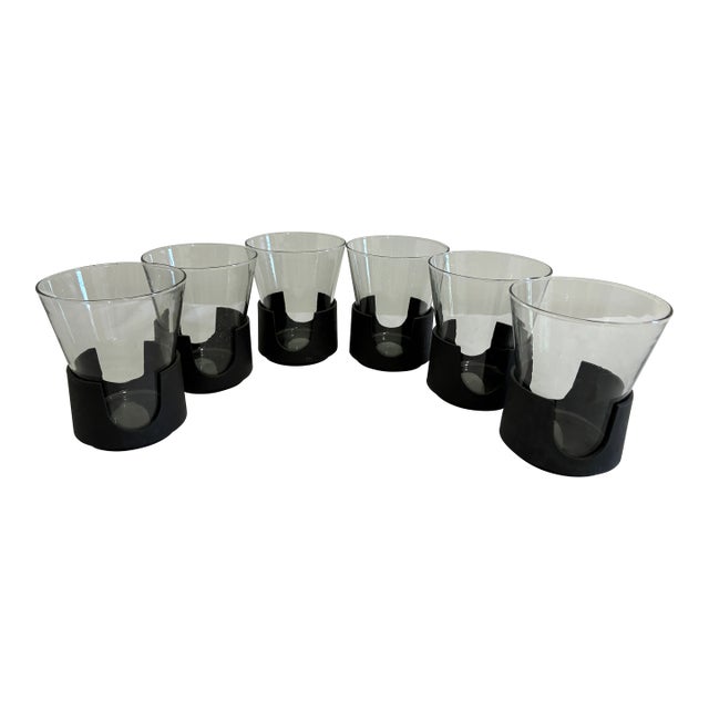 Mid 20th Century Mid-Century Corning Glass Smoke Glass Tumblers With Black Bases - Set of 6 For Sale