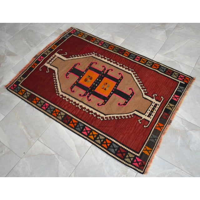 Tribal 1960s Handmade Turkish Kilim Rug Flat Weave Tribal Area Rug - 3'6" X 4'11" For Sale - Image 3 of 8