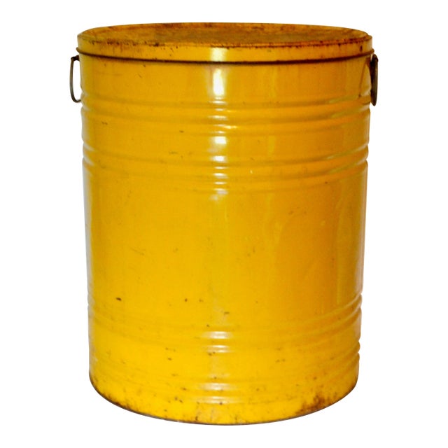 Large Industrial Lard Metal Tin Mustard Color, 20.25 Inches Height For Sale