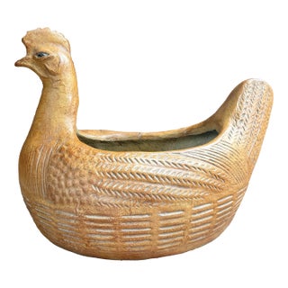 Midcentury Folk Art Terracotta Fiberglass Chicken Hen Planter Pot For Sale