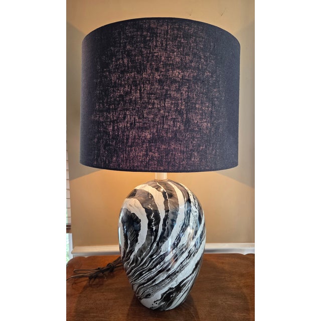 Mid-Century Modern Vintage Mid Century Black + White Hand Painted/Glazed Pottery Table Lamp For Sale - Image 3 of 14