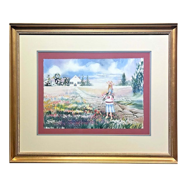 1990s Carolann Dvorak Original Watercolor of a Girl in a Flower Garden, Framed For Sale