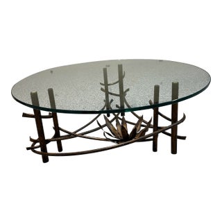 Bronze Brutalist "Silas Seandel" Hollywood Regency 42” Lotus Blossom Motif Oval Coffee Table For Sale
