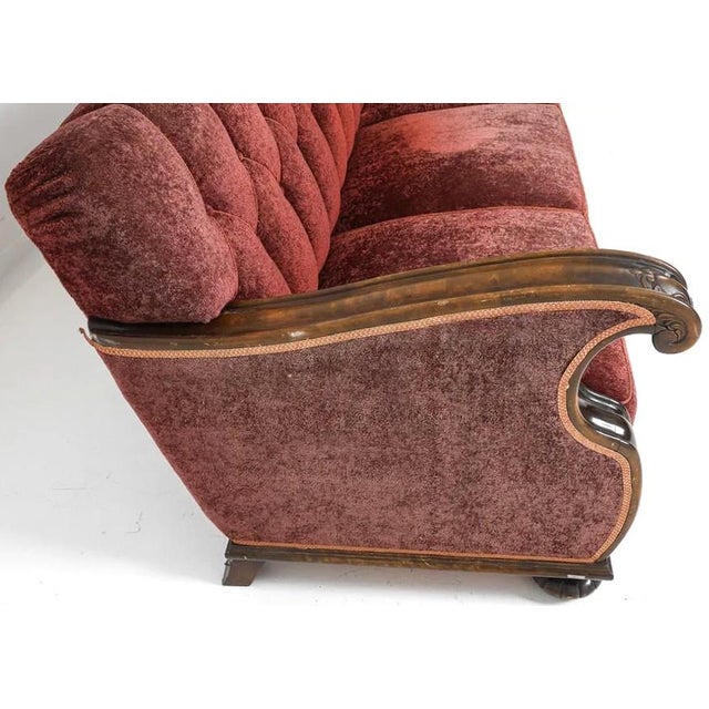Textile 1940s Swedish Art Deco Traditional Transition Sofa Velour Upholstery & Carved Arms For Sale - Image 7 of 15