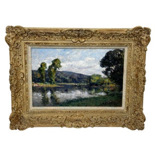 1920s Impressionist Oil Painting Fishing River Orne Normandy France by André Pré For Sale